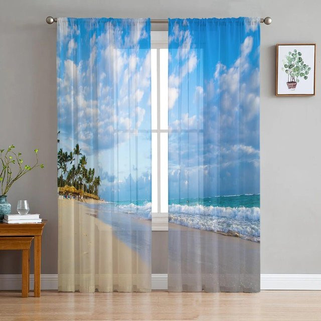 Transparente Vorhänge von A Family Of Home Textiles mit Strand und Meer Motiv, Farbe Blau, B: 135 cm, H: 160 cm - Bild 1