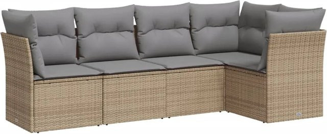 vidaXL 5-tlg Garten-Sofagarnitur L-Form aus Poly-Rattan in Beige mit Kissen und Stauraum - Bild 1