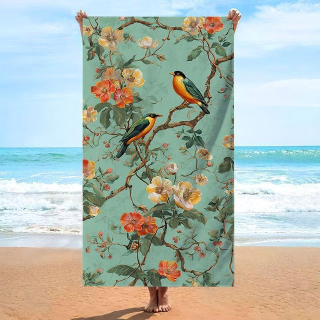 Ka Chen Muxi Strandtuch Vintage Blumenvogel aus Mikrofaser, sandfrei und schnelltrocknend, B: 40 cm, H: 60 cm - Bild 1