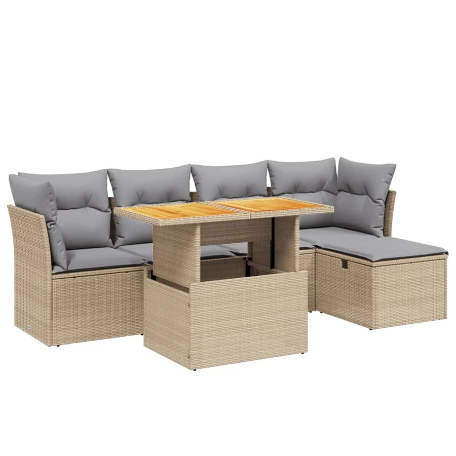 vidaXL 6-tlg Garten-Sofagarnitur in L-Form mit Kissen und Couchtisch, Beige, Poly Rattan und Metallgestell - Bild 2