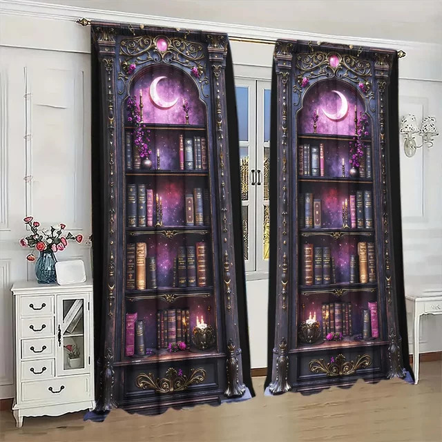 VOZMIO 2-teiliger Vintage-Gothic-Vorhang mit Bücherregal-Print, blickdicht, mehrfarbig - Bild 1