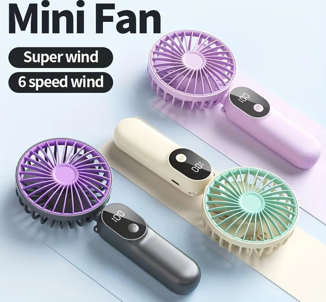 XIAOTREE Mini tragbarer USB-Ventilator in Grau mit 6 Geschwindigkeiten, digitaler Anzeige und faltbarem 3-in-1 Design für Nacken und Schreibtisch - Bild 1
