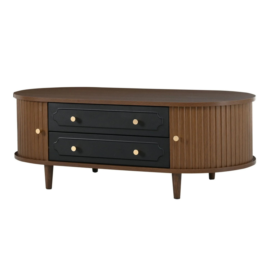okwish Couchtisch mit Schubladen und Rolltür in Walnuss, Retro Design, B/T/H: 100 x 50 x 36 cm - Bild 2