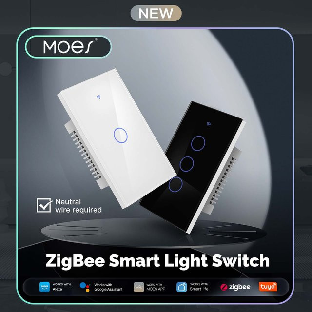 MOES Tuya ZigBee Smart Lichtschalter mit Glas-Touchpanel in Weiß, kompatibel mit Alexa und Google Home, erfordert Neutralleiter - Bild 1