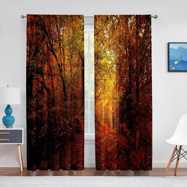 Herbstwald Tüllvorhang mit Naturmotiv für Wohnzimmer und Schlafzimmer, transparent, B/H: 150 x 250 cm - Bild 1