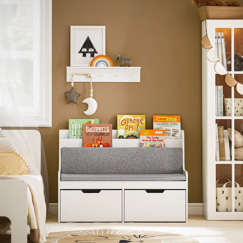 SoBuy KMB66-W Kinder Sitzbank mit Bücherregal und Spielzeugtruhe in Weiß mit Sitzkissen und Rollen, B/T/H: 100 x 70 x 45 cm - Bild 3