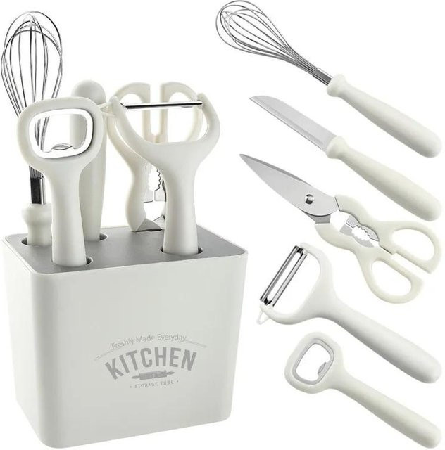 6-teiliges Küchenhelfer-Set von Bestbags aus Edelstahl in Weiß mit Schälmesser, Obstmesser, Schere, Schneebesen und Abtropffläche - Bild 1