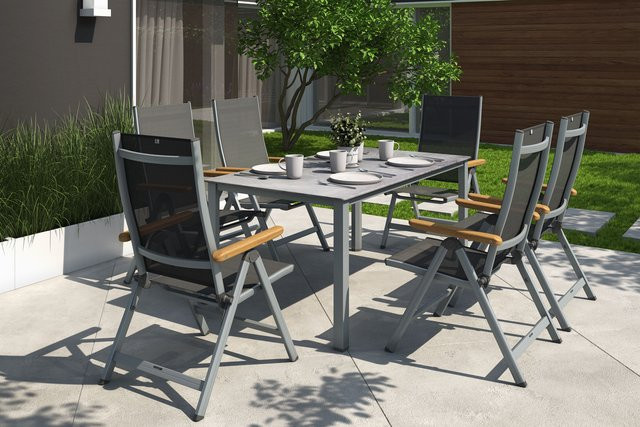 Kettler Granada Garten-Essgruppe aus Aluminium in Silber/Anthrazit mit rechteckigem Tisch und 6 Klappstühlen, Tisch B: 160 cm, T: 90 cm, H: 74 cm - Bild 1