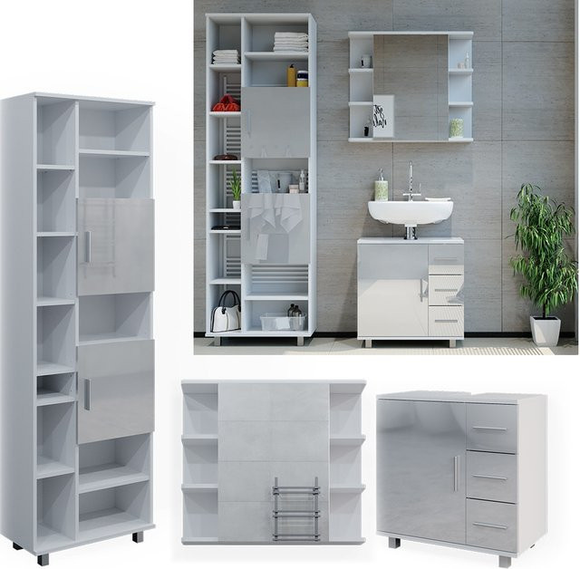 Vicco Badmöbelset Ilias in Weiß Hochglanz modern bestehend aus Spiegelschrank, Waschtischunterschrank und Hochschrank - Bild 1