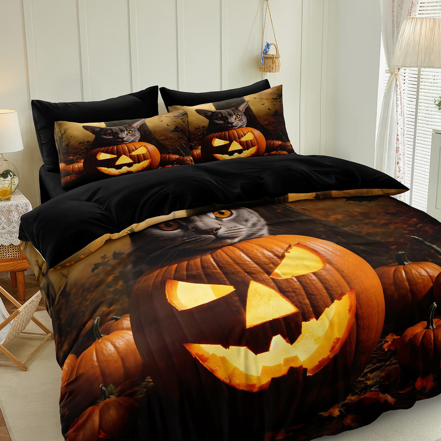 3-teiliges Halloween Bettwäsche-Set mit Katze und Kürbis Motiv, Bettbezug und Kopfkissenbezüge in Schwarz, EU Single, B/H: 135 x 200 cm - Bild 3
