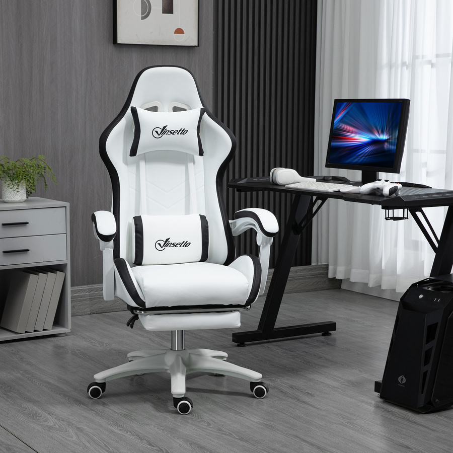 Vinsetto Ergonomischer Gaming-Stuhl aus PU-Kunstleder und Stahl mit Kopfstütze und Lendenkissen, Weiß und Schwarz, B/T/H: 65 x 65 x 121-129 cm, Aosom - Bild 2