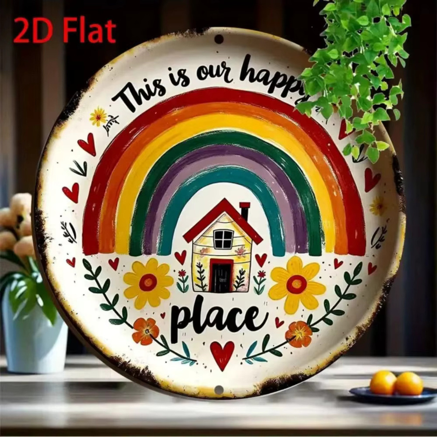 CIFBUY Retro-Metallschild This Is Our Happy Place, runde Wandkunst mit floralem Design und Typografie, Mehrfarbig, Durchmesser: 20 cm - Bild 2
