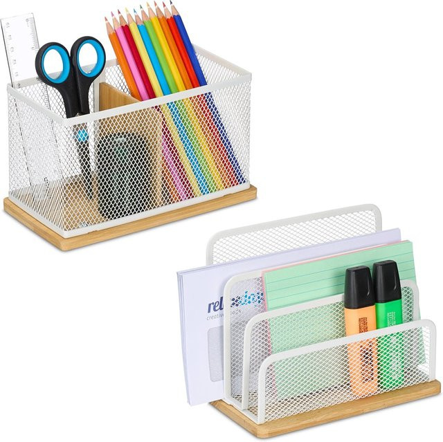 Relaxdays Schreibtisch Organizer Set aus Eisen und Bambus in Weiß und Natur, zweiteilig mit Mesh-Design, B/T/H: 14,5 x 18 x 10 cm und 11 x 19 x 10 cm - Bild 1
