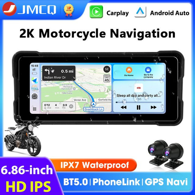 JMCQ Tragbares Motorrad GPS Navigationsgerät mit 6,86 Zoll IPS Bildschirm, IPX7 Wasserdicht, Drahtloses CarPlay und Android Auto, Bluetooth, Schwarz - Bild 1
