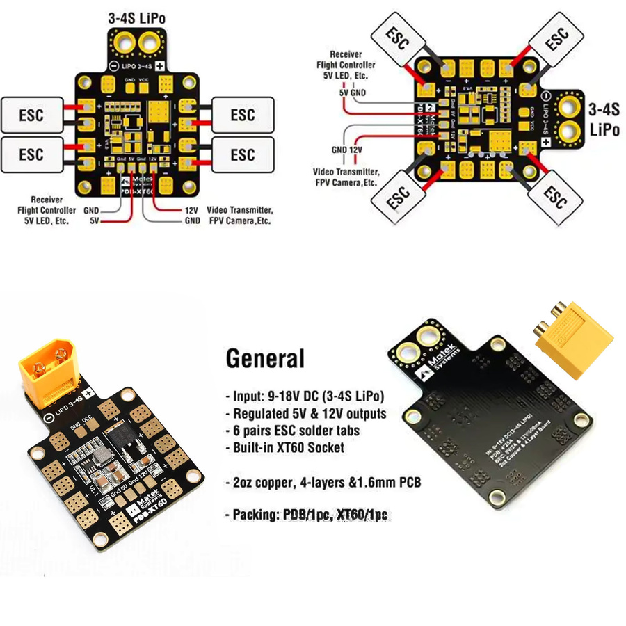 Matek Systems PDB XT60 Stromverteilerplatine mit BEC 5V & 12V in Schwarz für FPV Quadcopter und Drohnen - Bild 2