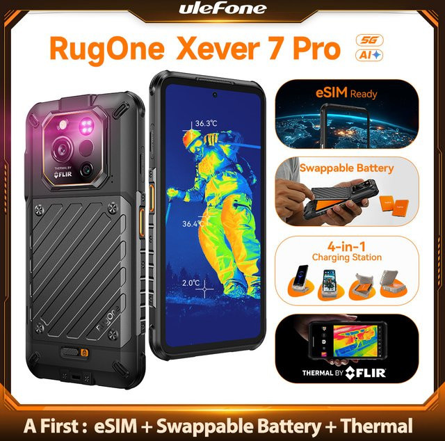 Ulefone RugOne Xever 7 Pro 5G Robustes Smartphone mit Wärmebildgebung, Android 15, 512 GB ROM, 12 GB RAM, 6,67 Zoll 120 Hz AMOLED, NFC, 5500 mAh und 64 MP Nachtsichtkamera, Schwarz - Bild 1