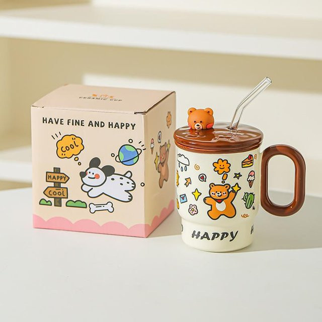 Kreative Keramiktasse mit Deckel und Strohhalm von Yiran bag, ideal als Geburtstagsgeschenk für Kinder und Erwachsene, Volumen: 420 ml, erhältlich in Pink, Gelb, Braun, Beige und Multicolour - Bild 1