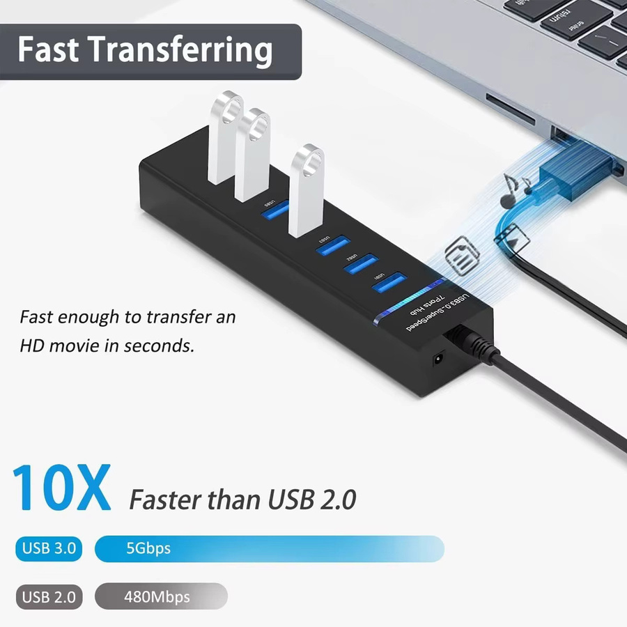 USB 3.0 7-Port-Hub für Hochgeschwindigkeits-Dateiübertragung mit Anti-Burnout-Schutz in Schwarz - Bild 2