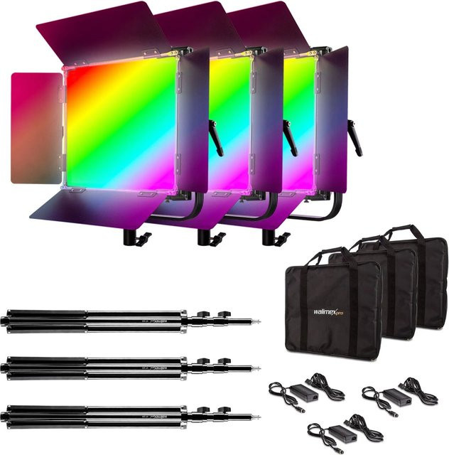 Walimex Pro 3X Led Rainbow Flächenleuchte Set mit 3 Lampenstativ, RGBWW Videoleuchten in Schwarz und Multicolour, 100W - Bild 1
