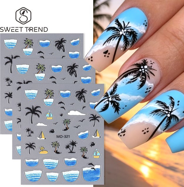 SWEET TREND Nagelaufkleber, 3 Stück, Matt, Sommer-Kokospalmen, Möwen und Wellen - Bild 1