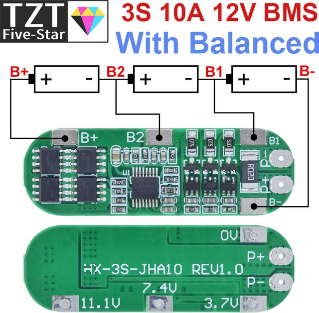 Tzt BMS Schutzplatine für 11,1 V Li-Ion Akkus, 3s 10A 12V Lithium-Batterie Ladegerät Schutzmodul, Farbe: Grün - Bild 1