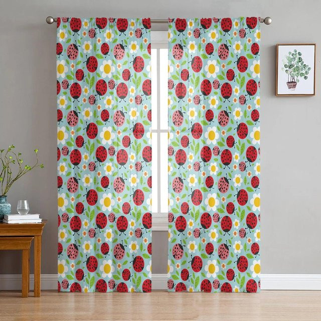 A Family Of Home Textiles Marienkäfer Cartoon Tüllvorhang aus Chiffon, Transparent, Mehrfarbig, Breite: 135 cm, Höhe: 114 cm - Bild 1