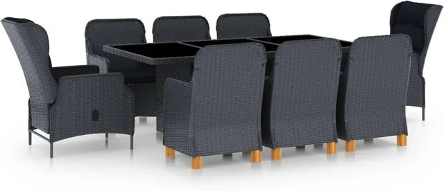 vidaXL 9-tlg Garten-Essgruppe aus Poly Rattan und Akazienholz in Dunkelgrau mit Glasplatte und Auflagen - Bild 1
