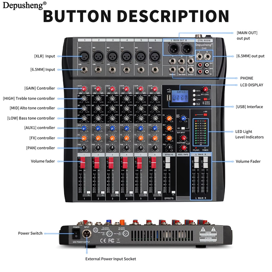 Depusheng DX6 Professioneller 6-Kanal Audiomixer mit Bluetooth und USB PC-Aufnahmeeingang, Schwarz - Bild 6