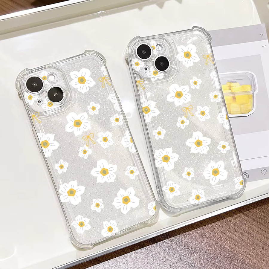 Transparente Silikon-Handyhülle mit Blumenmuster und Glitzer-Effekt für Apple iPhone 17, 16, 15, 14, 13, 12, 11 Pro Max, stoßfestes Softcover - Bild 2