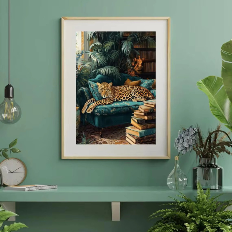 Potdemiel Wandkunst Schläfriger Leopard in Smaragdgrün – Boho Dschungel Wandbild mit Tiermotiv und Naturmotiven - Bild 3