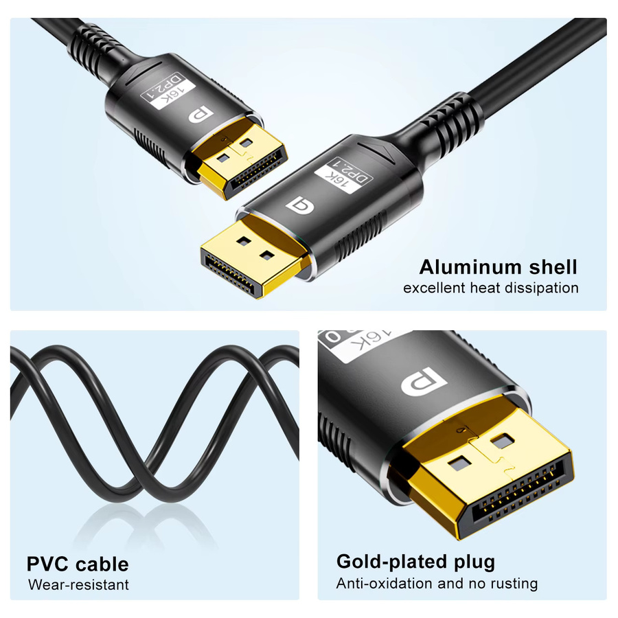FDBRO DisplayPort 2.1 Kabel in Schwarz für 16K, 8K@120Hz und 4K@240Hz mit 80Gbps und HDR für Gaming Monitor, Laptop und Projektor - Bild 3