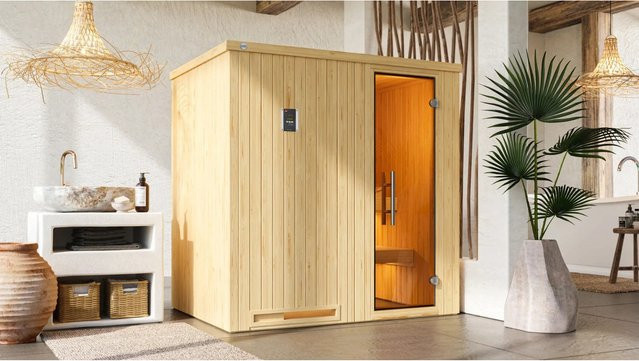 WEKA Elementsauna Halmstad 1 aus Fichtenholz in Beige ohne Ofen mit Glastür B/H/T: 194 x 199 x 144 cm - Bild 1