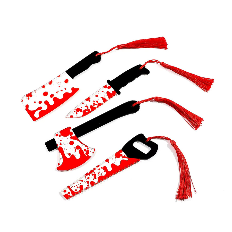 Potdemiel Horror-Messer Lesezeichen aus klarem Acryl mit Quaste in Transparent, Sägeblatt mit Blut Design für Halloween und Bücherwürmer - Bild 3