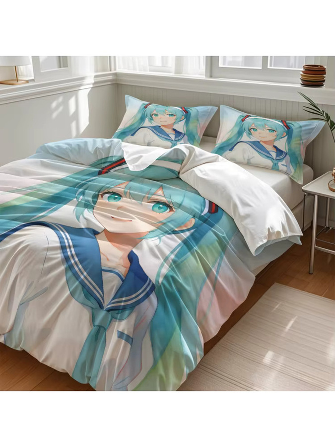 Hatsune Miku Sailor Uniform Bettwäsche-Set mit Aquarell-Anime-Design in Multicolour, bestehend aus Bettbezug und Kissenbezügen - Bild 4