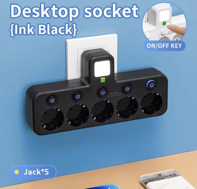 XinKaiCanCan Steckdosenleiste mit 5 AC-Steckdosen, USB-Typ-C-Anschlüssen und unabhängigen Schaltern in Schwarz - Bild 1