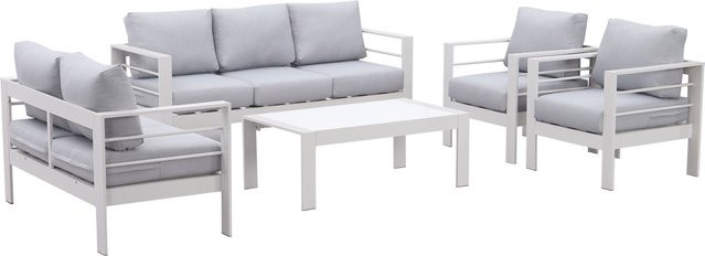 MEXO Gartenmöbel Lounge-Set Genua 7-Sitzer mit Polstern in Weiß und Hellgrau - Bild 1