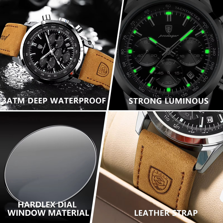 POEDAGAR Armbanduhr Chronograph, Quarz, Edelstahl, Leder, Herren - Bild 4