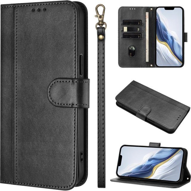 Xiaomi Poco X6 Pro Lederhülle Brieftasche mit Handgelenkschlaufe und Kartenhalter in Schwarz - Bild 1