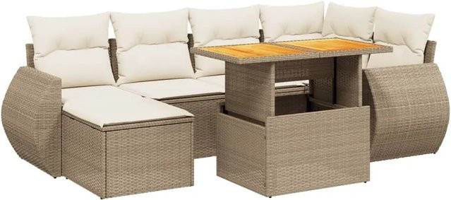 vidaXL 7-teilige Garten-Sofagarnitur aus Poly-Rattan und Akazienholz in Beige-Creme mit Kissen - Bild 1