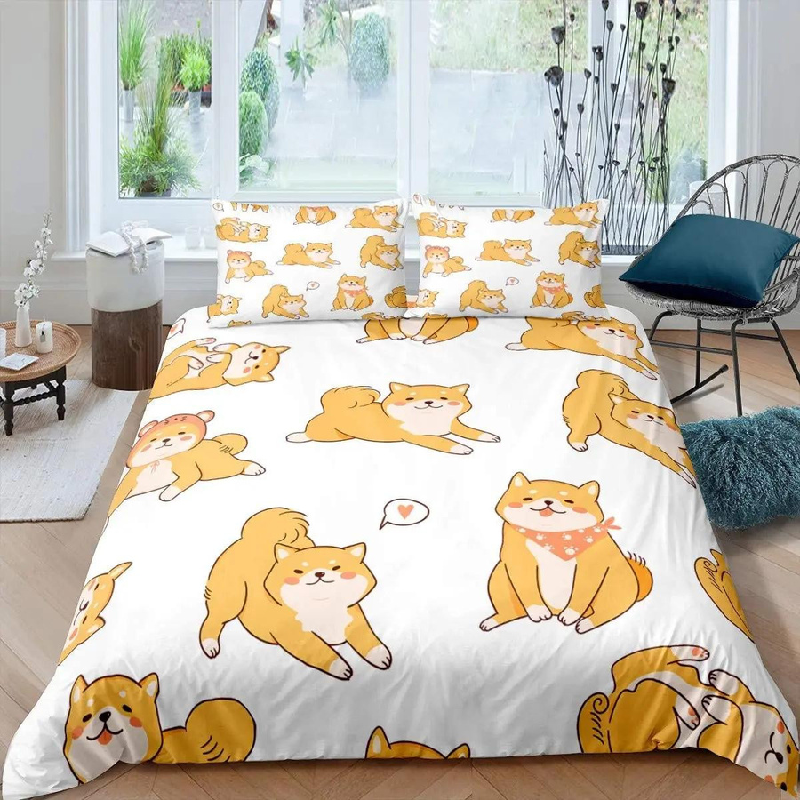 JMG Household Supplies Shiba Inu Bettwäsche-Set mit niedlichem Hundemotiv in Gelb, 3-teiliges Polyester-Bettbezug-Set, B/H: 150 x 200 cm - Bild 1