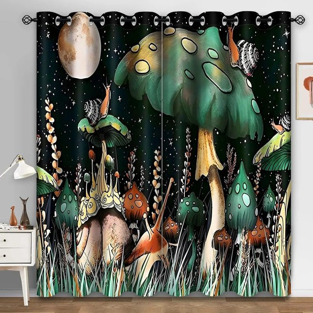 A Family Of Home Textiles Pilz-Fenstervorhänge mit Natur-Motiv, 2er-Set, B: 50 cm, H: 130 cm - Bild 1