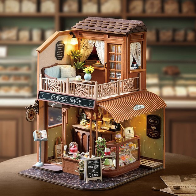 Zuuton DIY Holz Puppenhaus Miniatur Modell Kit mit LED-Licht als 3D Puzzle in Naturfarben - Bild 1