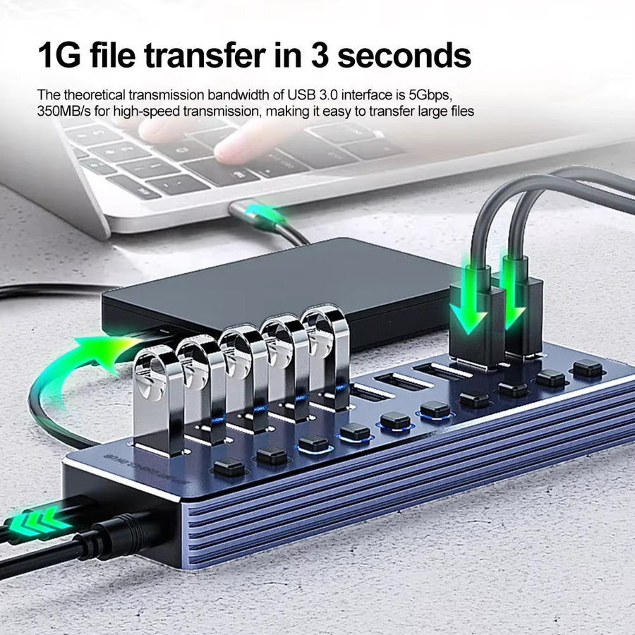 KEBIDUMEI USB 3.0 Hub mit 10/7 Ports und Ein/Aus-Schaltern aus Aluminium für PC - Bild 2