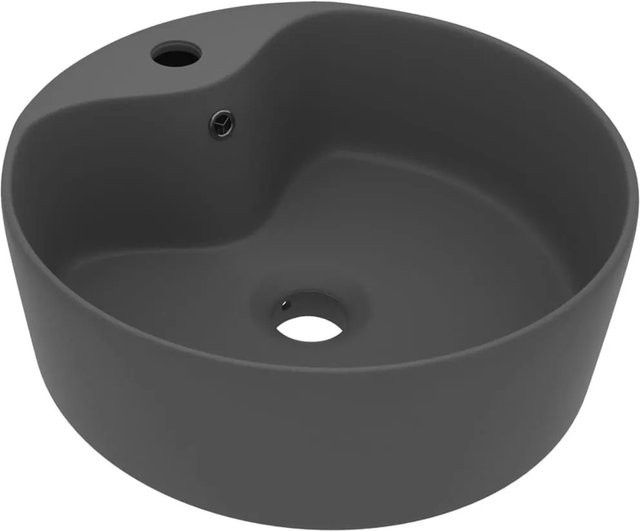 vidaXL Luxus-Waschbecken aus Keramik mit Überlauf, Rund, Matt Dunkelgrau, B: 36 cm, H: 13 cm - Bild 1