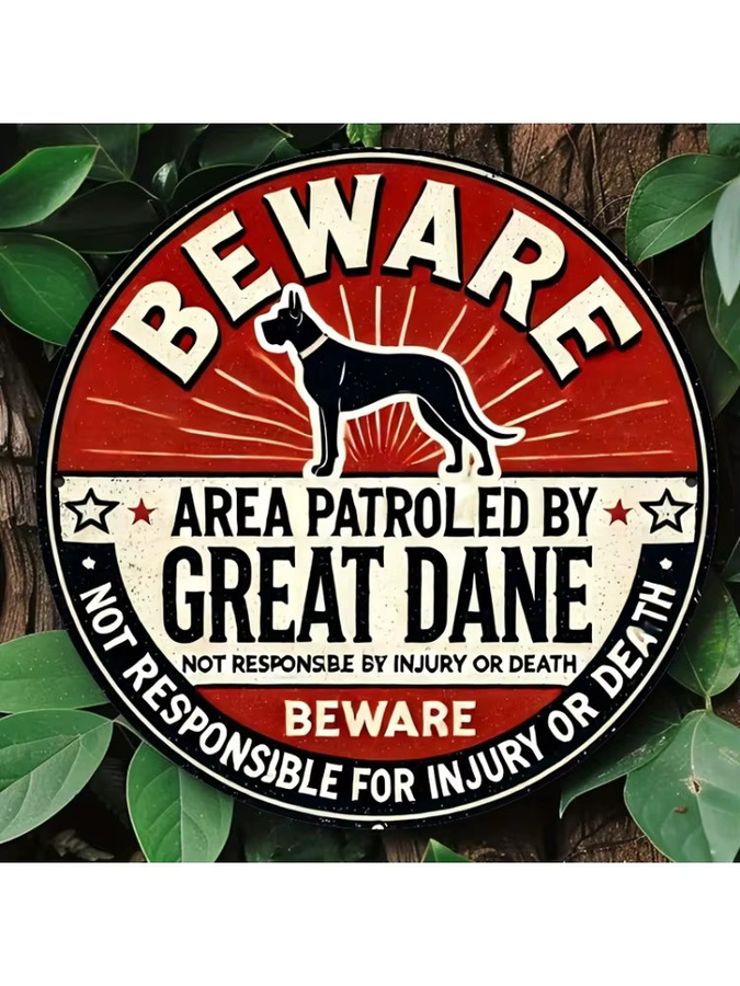 Potdemiel Wandkunst Great Dane Warning Area Patrol Reminder Vintage Metallschild Rund Rot Durchmesser: 20 cm - Bild 6