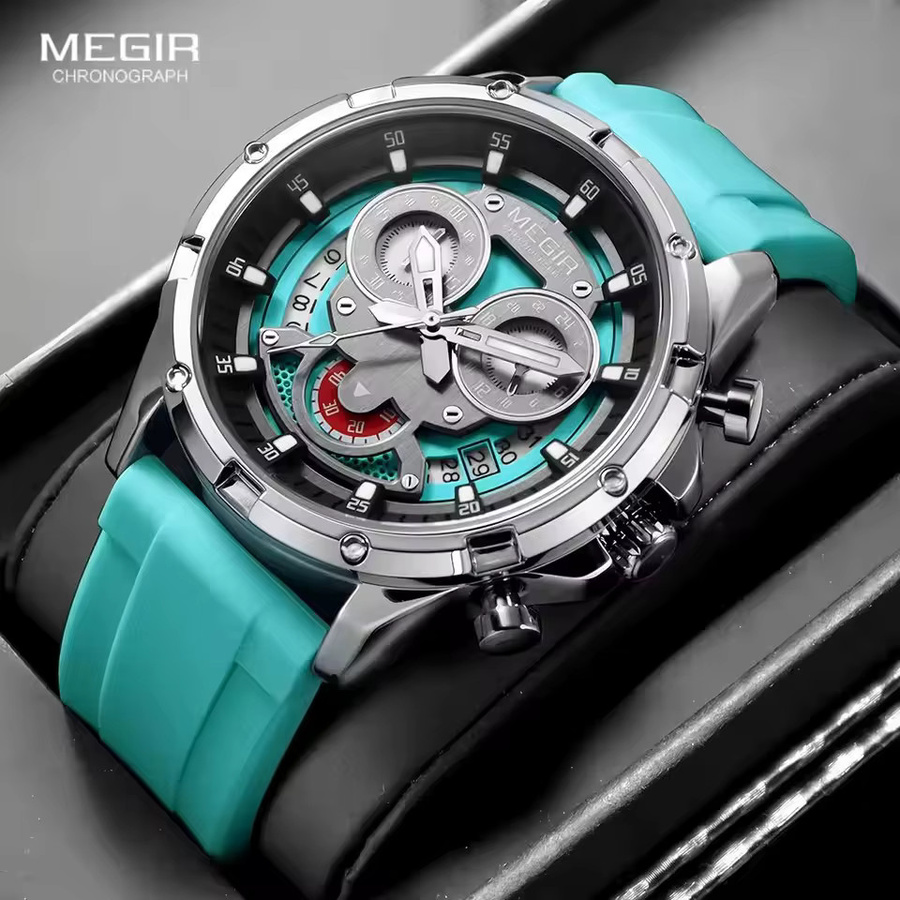 MEGIR Chronograph Quarzuhr, Blau, Silikon, Herren - Bild 3