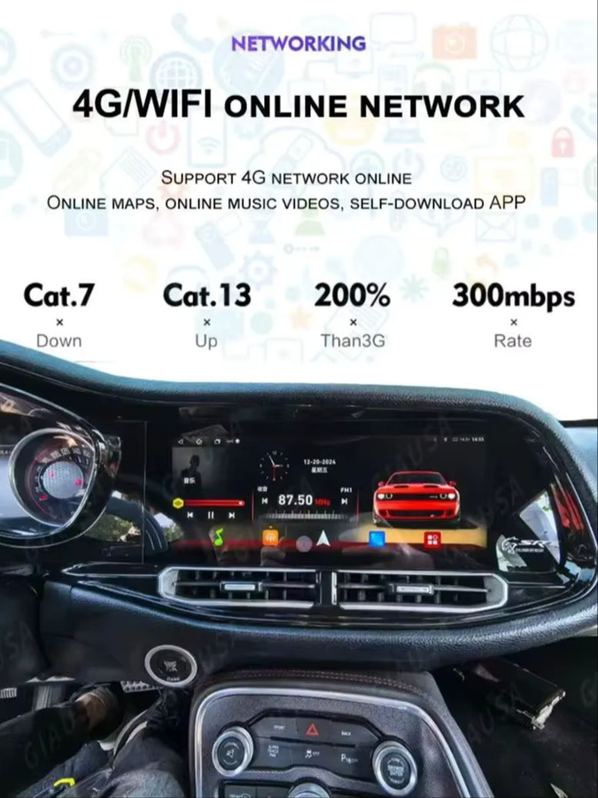 YANFU Multimedia Player mit 12,3 Zoll LCD Touchscreen für Dodge Challenger SRT Hellcat 2010-2023, Carplay, Android Auto, GPS und 4G, Schwarz - Bild 6