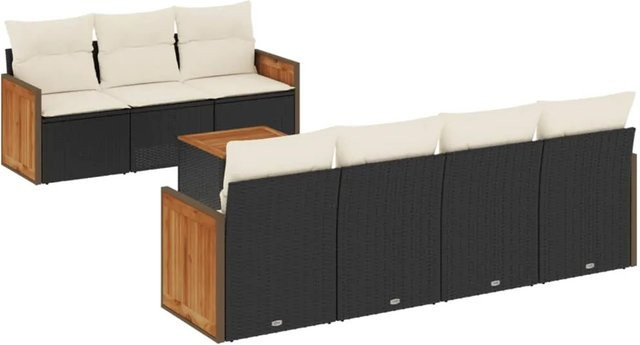 vidaXL 8-teilige Garten-Sofagarnitur aus Poly-Rattan und Akazienholz in Schwarz mit cremeweißen Kissen - Bild 1