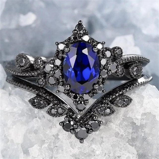 YIRAN Ringe, 2 Stück Set, Kupfer, Schwarz-Gold-Farbe, Blau, Zirkonia, Damen - Bild 1