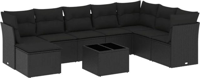 vidaXL 9-tlg Garten-Sofagarnitur in U-Form aus Poly-Rattan mit Kissen in Schwarz - Bild 1